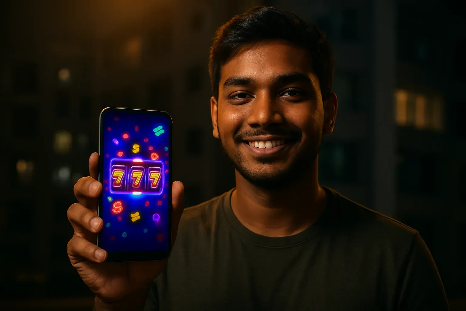 Young Bangladeshi man holding smartphone showing colorful mobile casino app