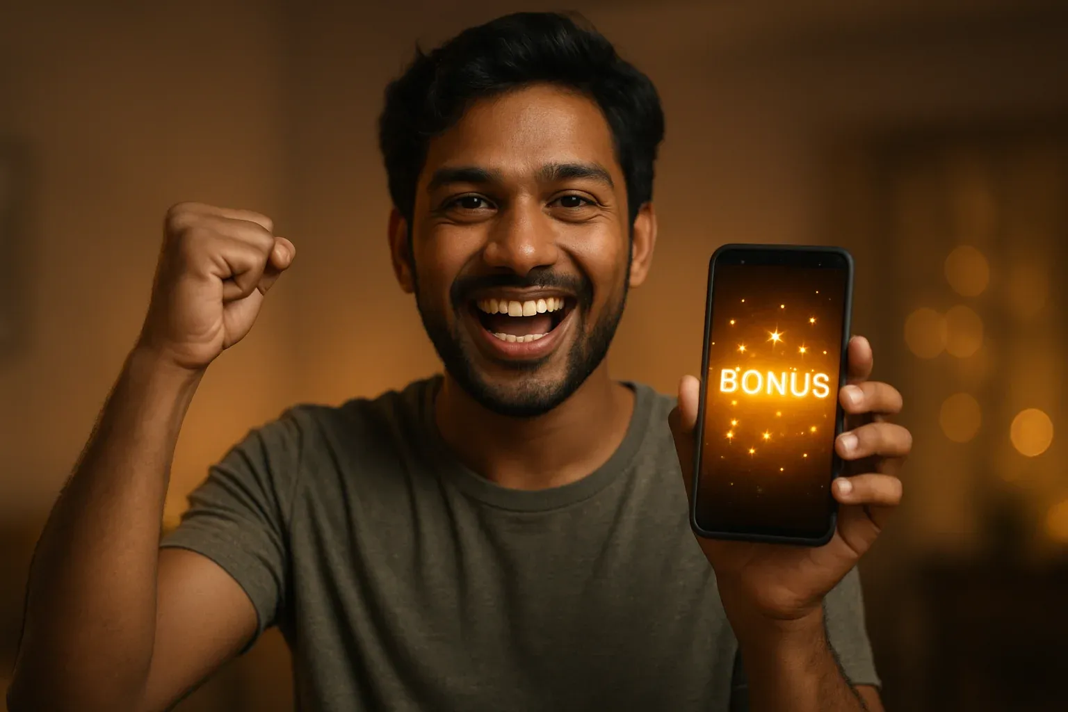 Joyful Bangladeshi man holding smartphone with glowing bonus notification screen