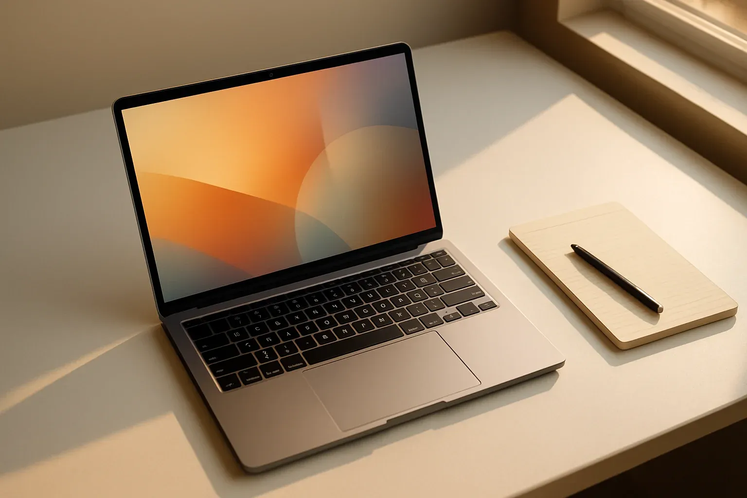 Modern laptop on white desk with abstract glowing screen