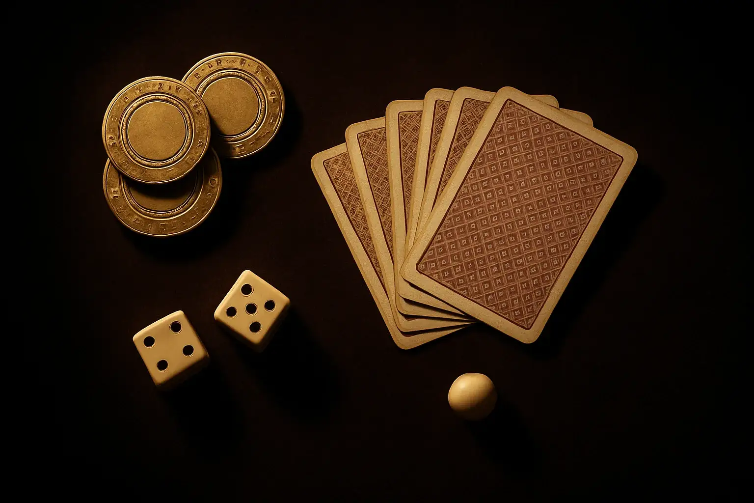 Top-down casino scene with golden chips, cards, dice, and roulette ball