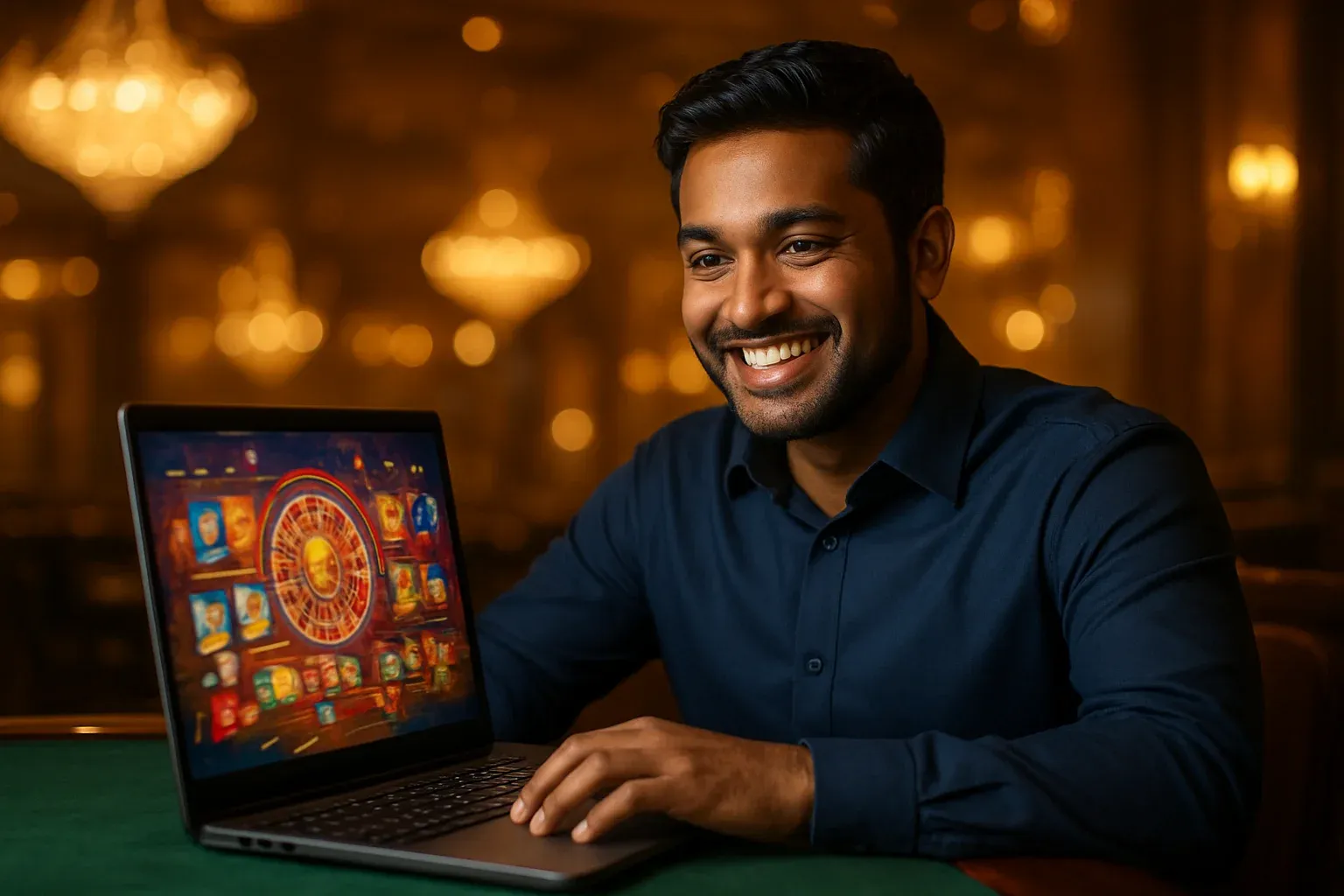 Cheerful Bangladeshi man with open laptop showing colorful casino interface