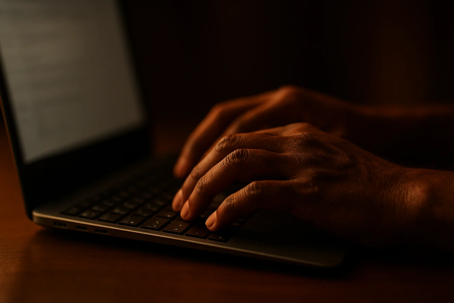 Close-up of Bangladeshi man's hands typing on modern laptop keyboard