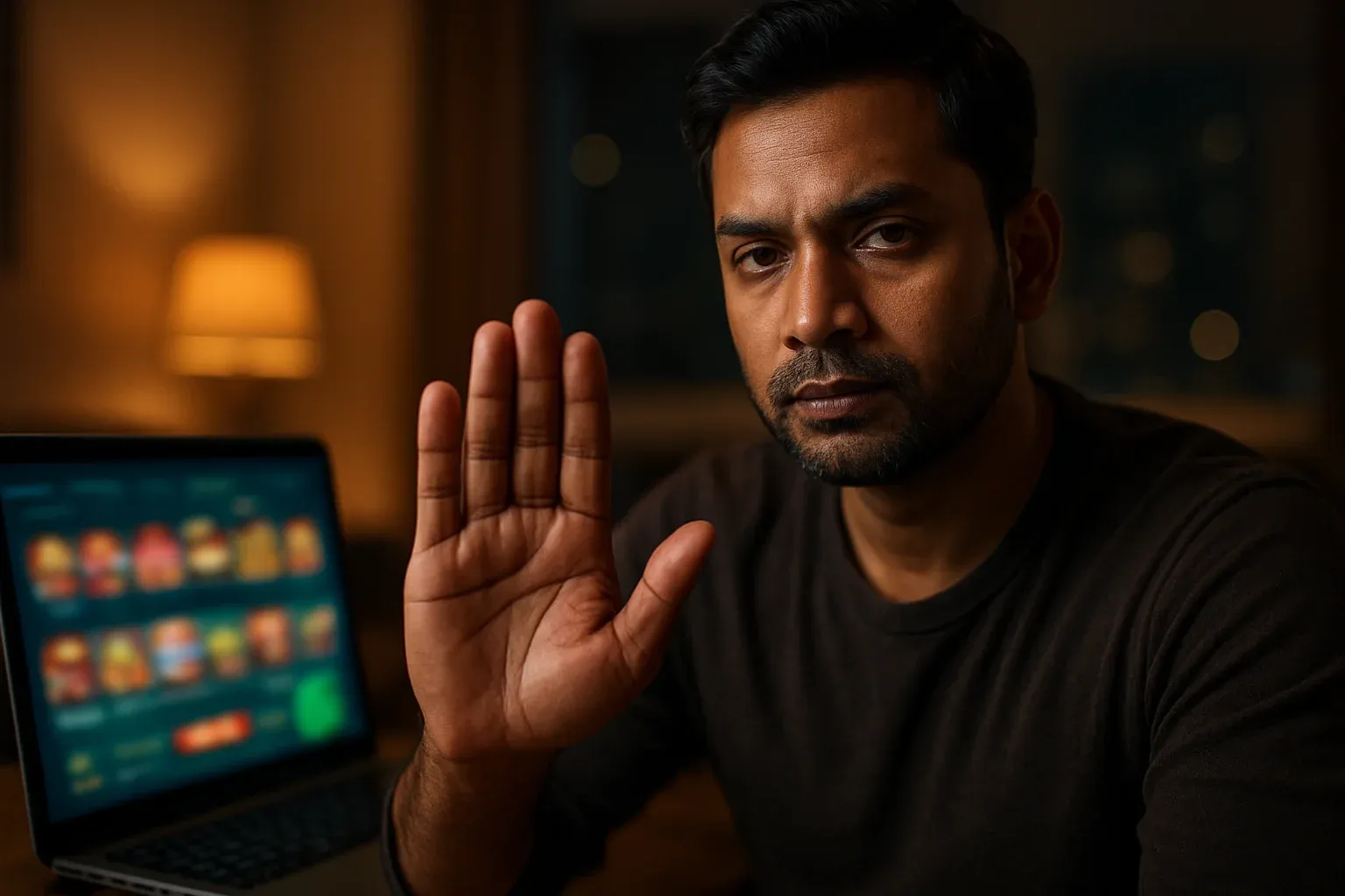 Bangladeshi man gestures stop beside laptop symbolizing controlled responsible gambling