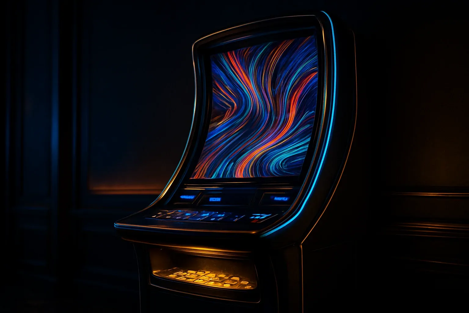 Hyperrealistic premium slot machine in dark luxury setting with neon lighting